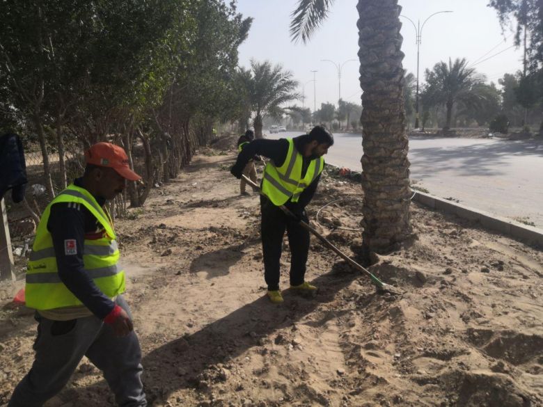 بلدية كربلاء تباشر أعمالها بتأهيل وزراعة مدخل (كربلاء – نجف)